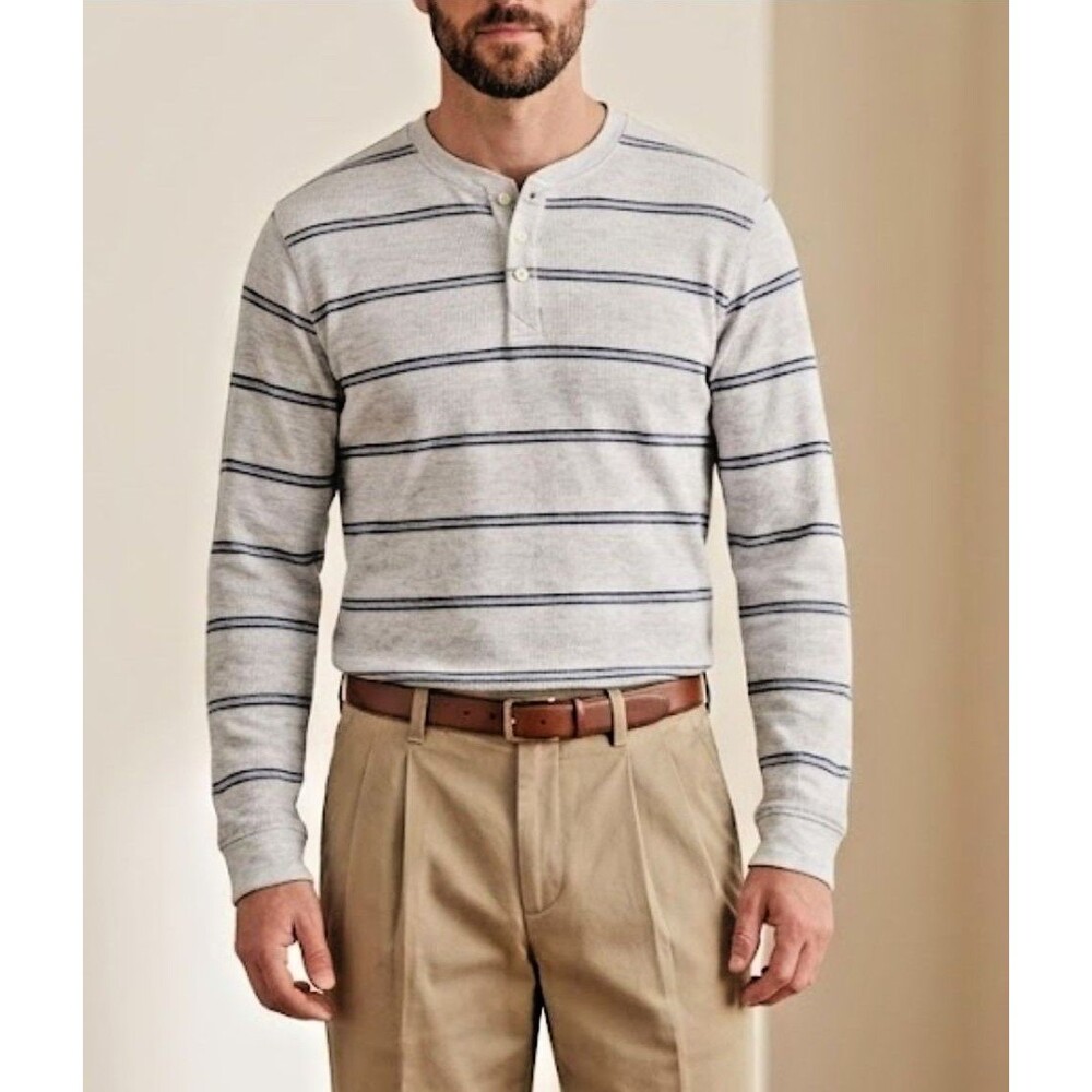 Haggar Men's Long Sleeve Striped Henley Shirt Off White, Blue Gorpcore Preppy M